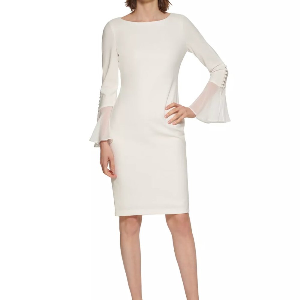 Calvin Klein Chiffon-Sleeve Sheath Dress in Cream size 12